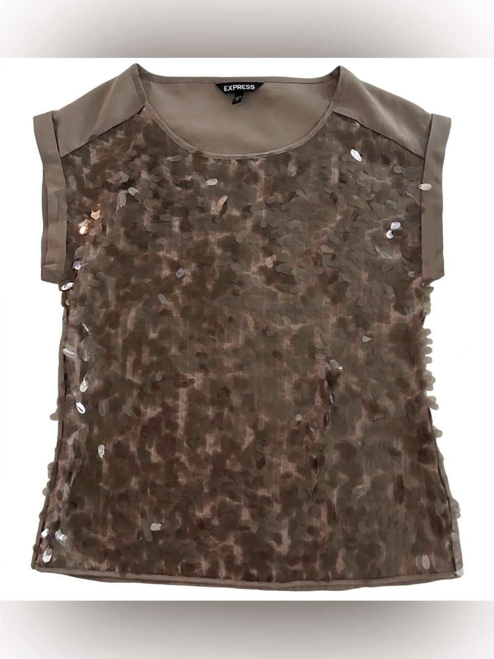 Express Sequin Shingle Blouse Taupe Brown Cap Sleeve Top XS Modern Vintage Party